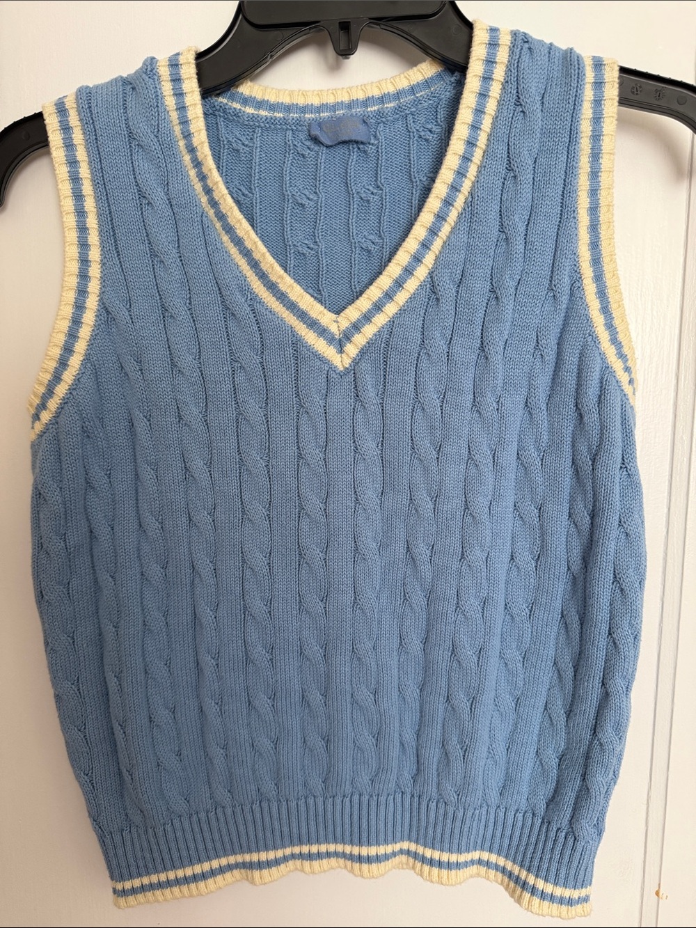 Brandy Melville Light Blue Cable-Knit V-Neck Sweater Vest with Cream Trim